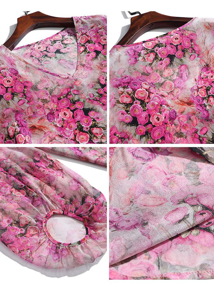 Rose Floral Flowing V-Neck Lightweight Long Sleeve Silk Blouse