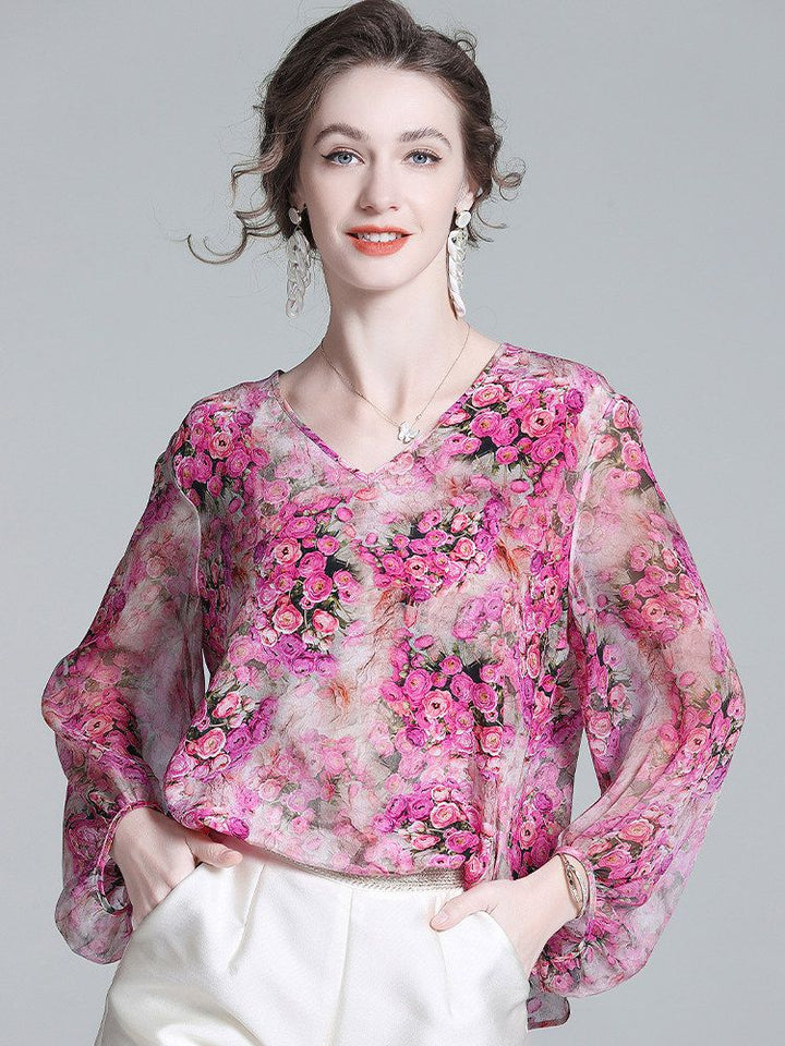 Rose Floral Flowing V-Neck Lightweight Long Sleeve Silk Blouse