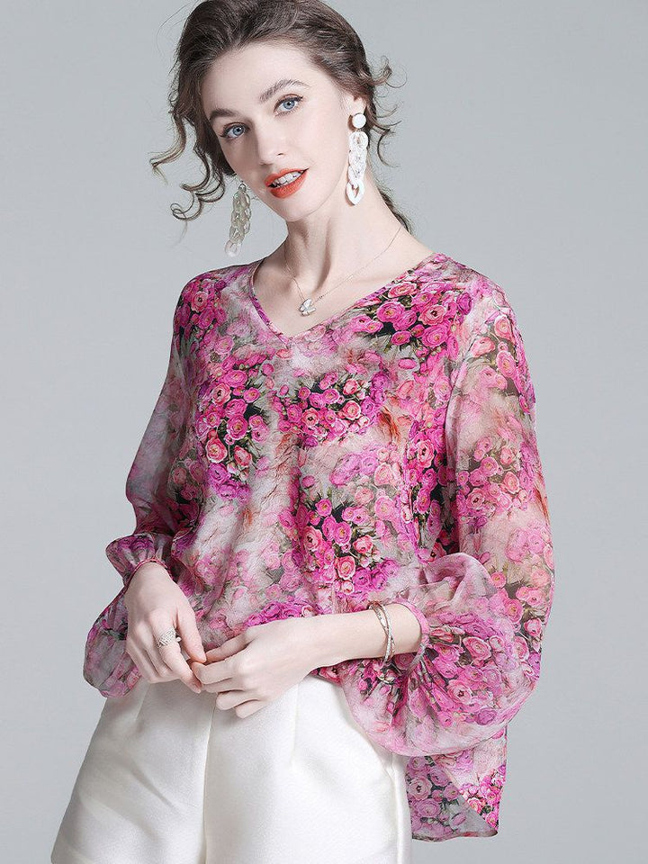 Rose Floral Flowing V-Neck Lightweight Long Sleeve Silk Blouse