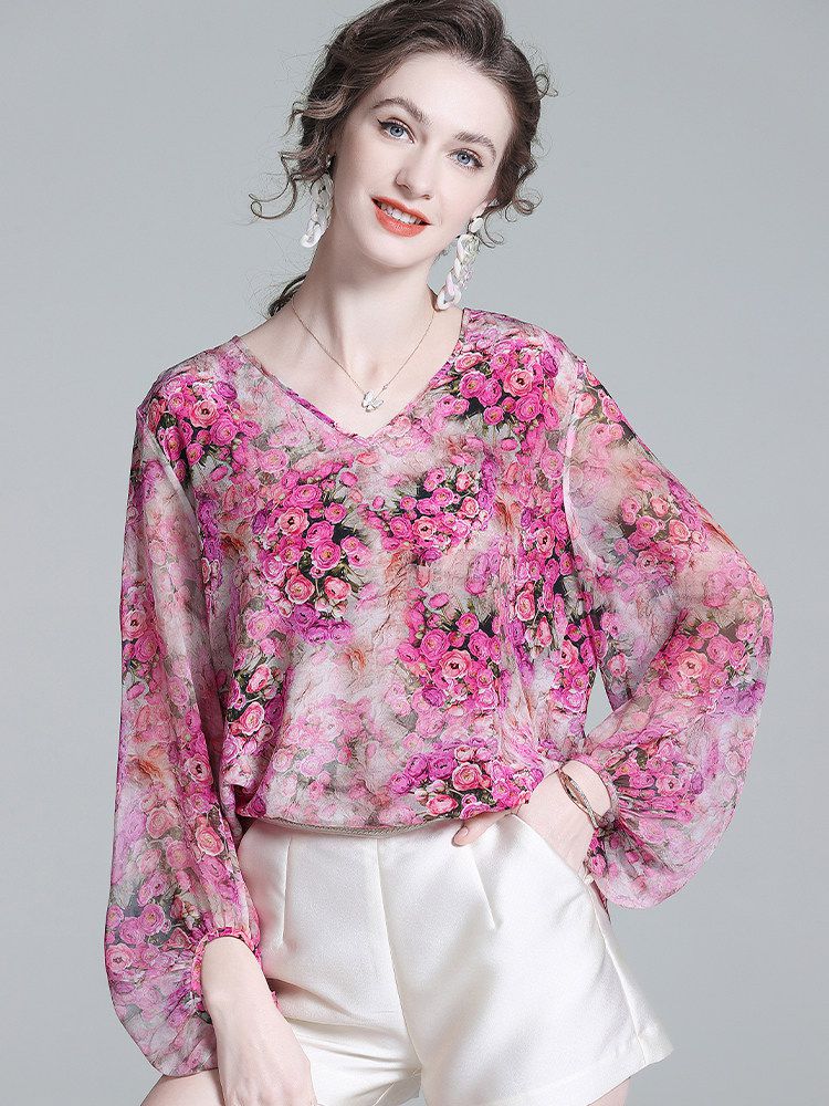 Rose Floral Flowing V-Neck Lightweight Long Sleeve Silk Blouse