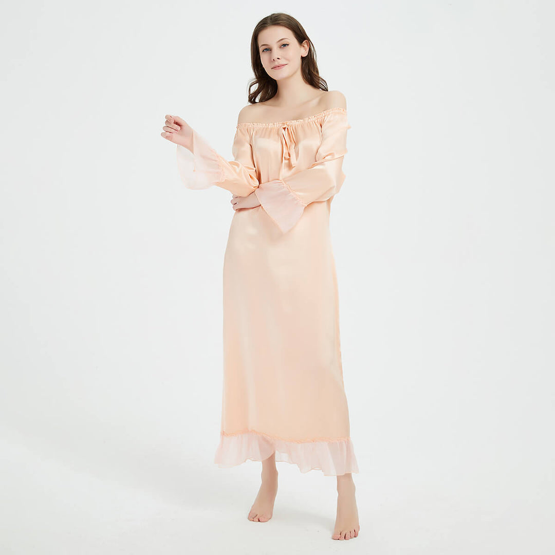 Double-Sided Silky Vintage Long Sleeve Silk Nightgown LSP033