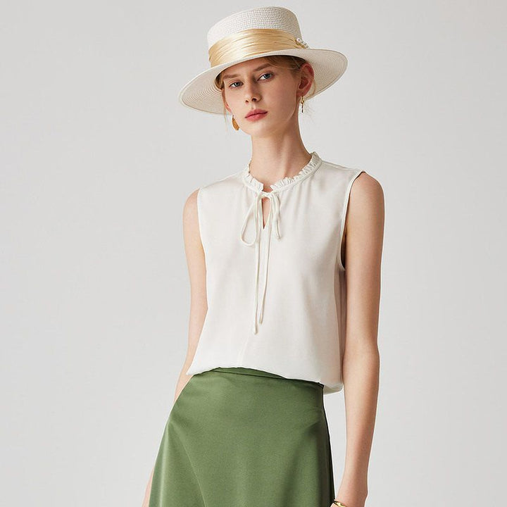22 Momme Women’s Stand Collar Sleeveless Tie-Neck Silk Shirt