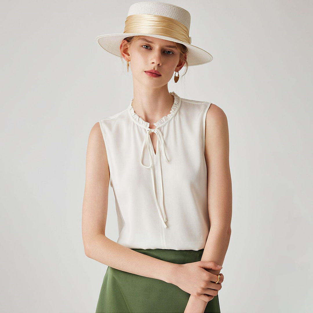 22 Momme Women’s Stand Collar Sleeveless Tie-Neck Silk Shirt