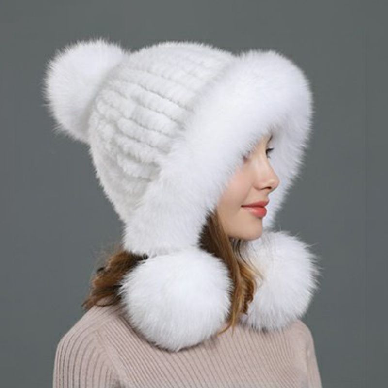 Luxury Real Mink Fur Hat with Fox Fur Trim Women Winter Knit Beanie with Pom-Pom Ear Flaps