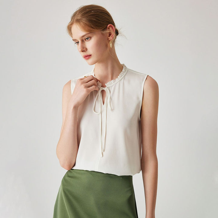 22 Momme Women’s Stand Collar Sleeveless Tie-Neck Silk Shirt