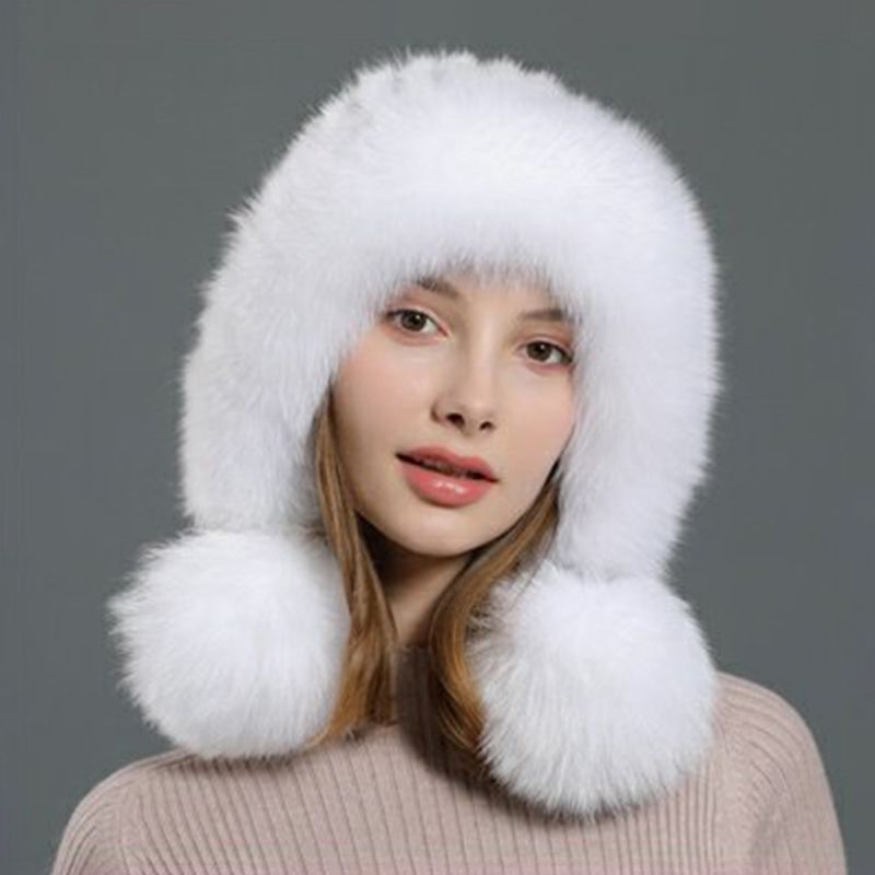 Luxury Real Mink Fur Hat with Fox Fur Trim Women Winter Knit Beanie with Pom-Pom Ear Flaps