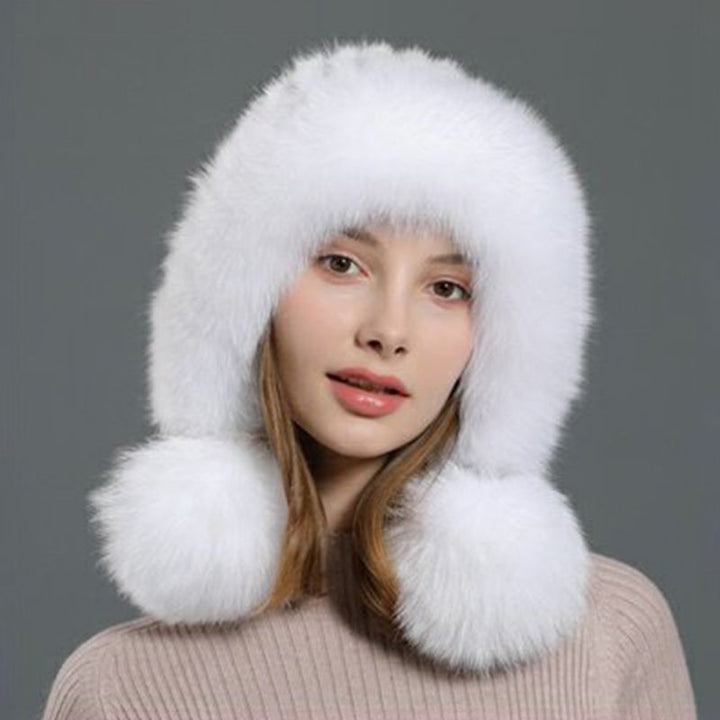 Luxury Real Mink Fur Hat with Fox Fur Trim Women Winter Knit Beanie with Pom-Pom Ear Flaps