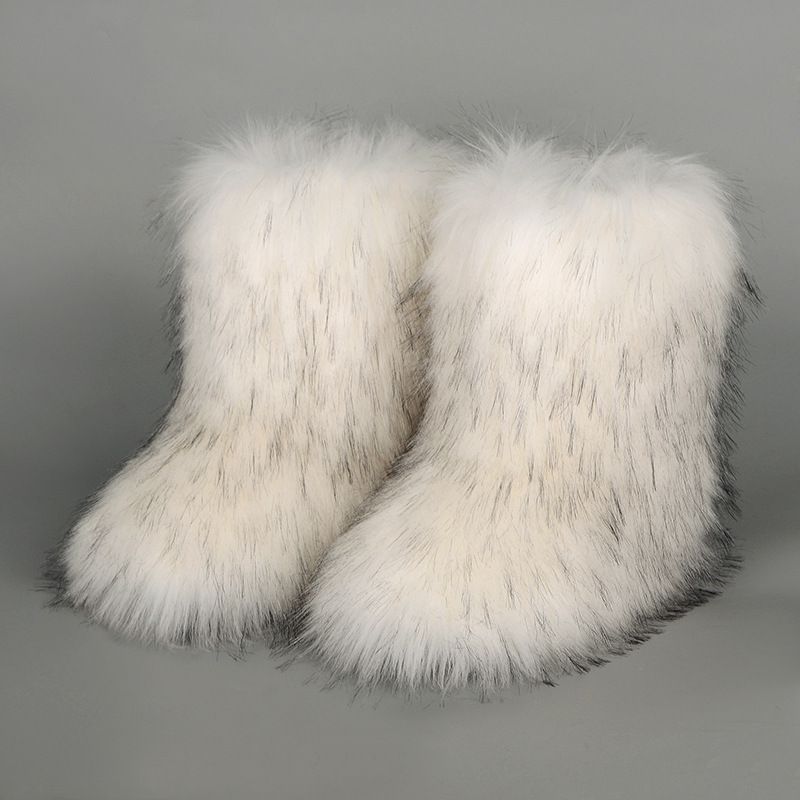 Faux Raccoon Fur Snow Boots for Women Winter Furry Cozy Slip-On Ankle Fur Boots