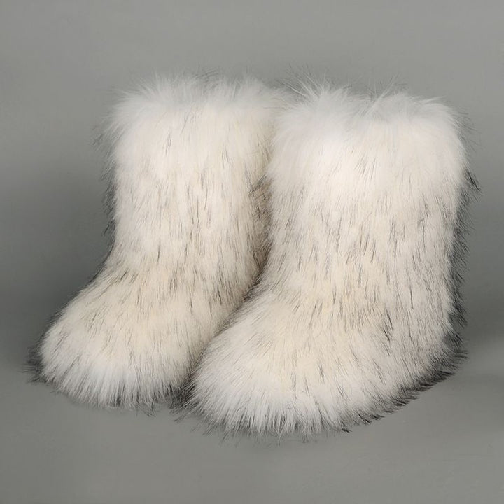 Faux Raccoon Fur Snow Boots for Women Winter Furry Cozy Slip-On Ankle Fur Boots
