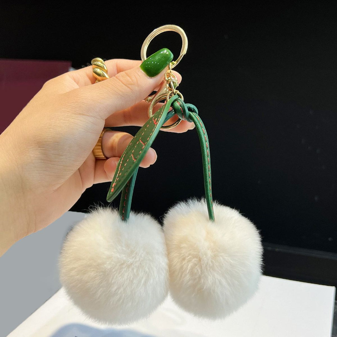 Rabbit Fur Cherry Keychain Cute Pom Pom Plush Bag Car Charm