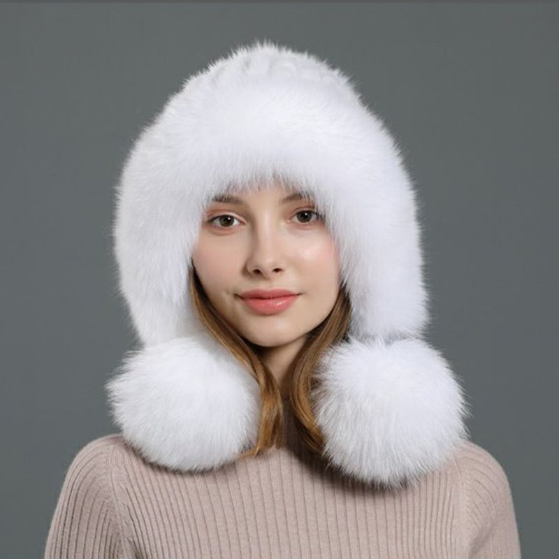 Luxury Real Mink Fur Hat with Fox Fur Trim Women Winter Knit Beanie with Pom-Pom Ear Flaps