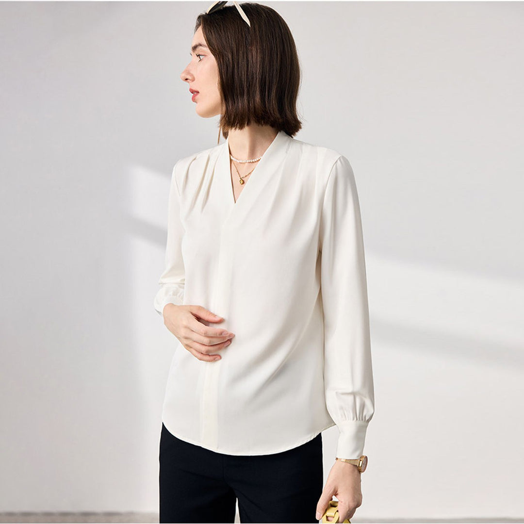22 Momme Women's V-Neck Draped Front Long Sleeve Silk Blouse
