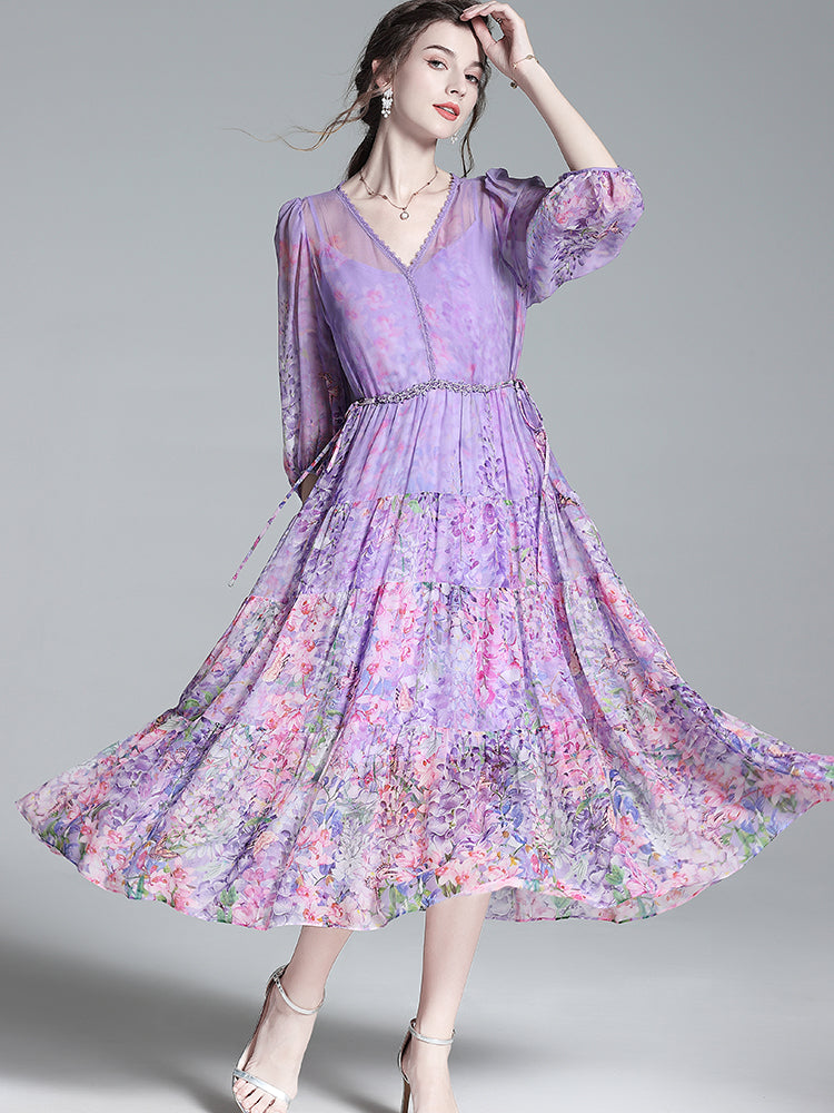 Women Luxury Romantic Sheer Floral V-neck Mulberry Silk Dress SD041