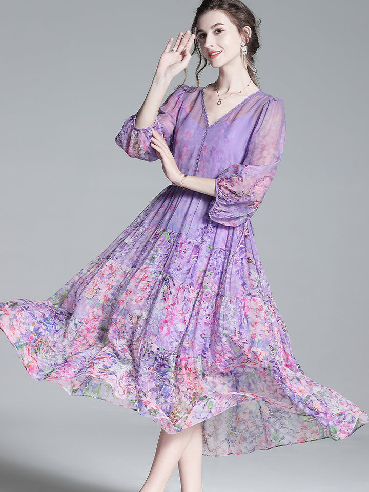 Women Luxury Romantic Sheer Floral V-neck Mulberry Silk Dress SD041