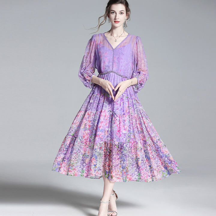 Women Luxury Romantic Sheer Floral V-neck Mulberry Silk Dress SD041