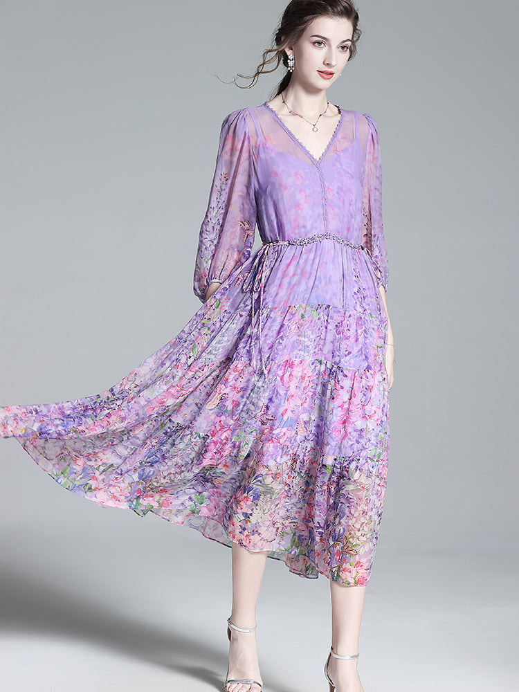 Women Luxury Romantic Sheer Floral V-neck Mulberry Silk Dress SD041