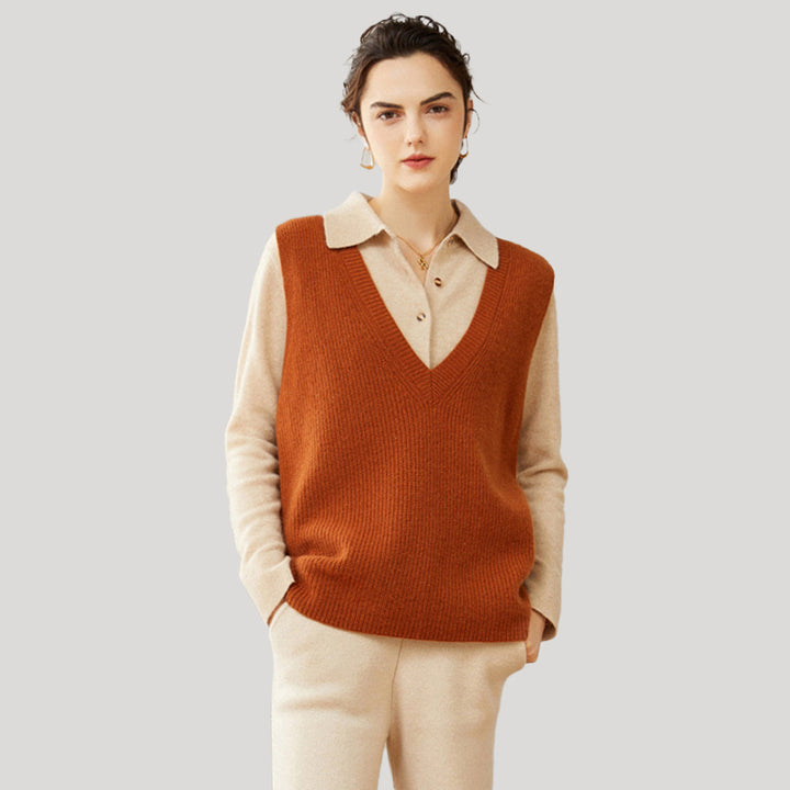 Women V-Neck Ribbed Casual Cashmere Sweater Vest CP009