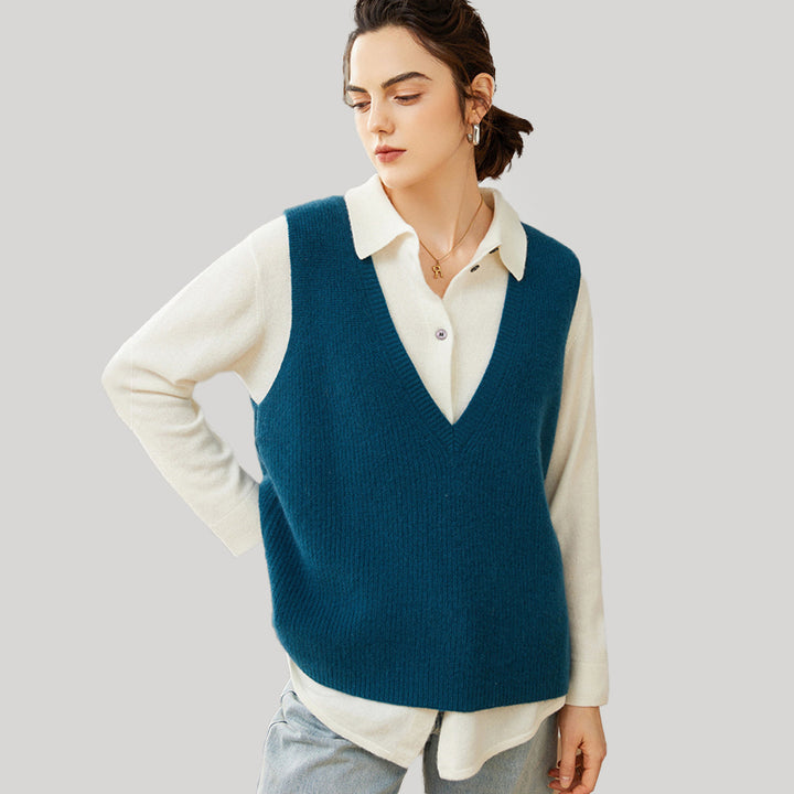 Women V-Neck Ribbed Casual Cashmere Sweater Vest CP009