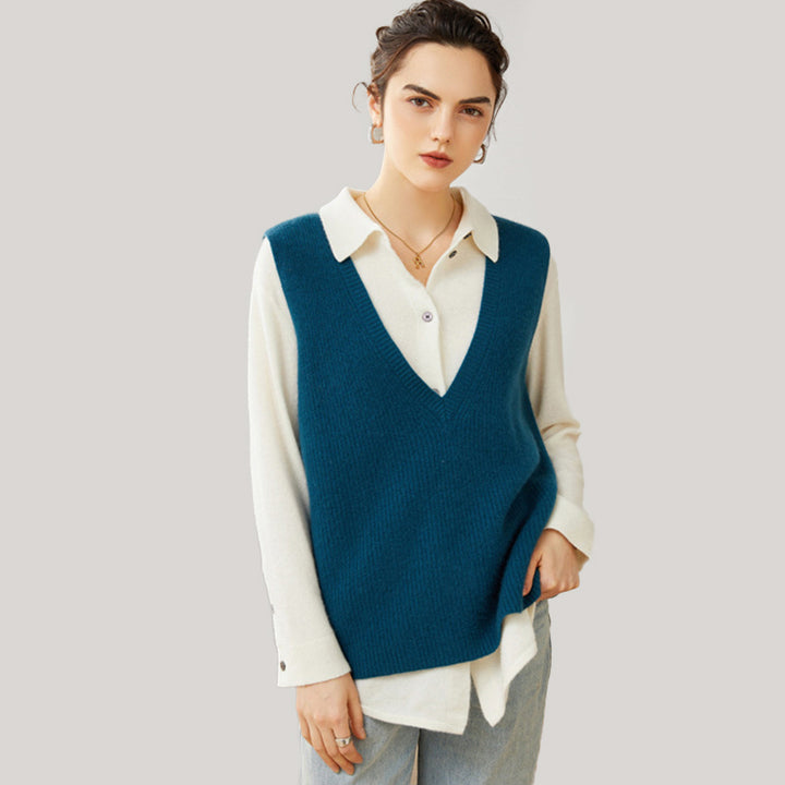 Women V-Neck Ribbed Casual Cashmere Sweater Vest CP009