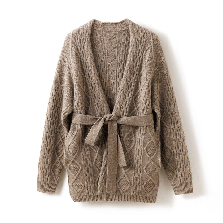 Women's 100% Cashmere Long Sleeve Cable-Knit Cardigan With Belt CP019