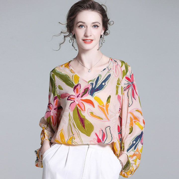 Women's Apricot Botanical Print Long Lantern Sleeve V-Neck Silk Blouse