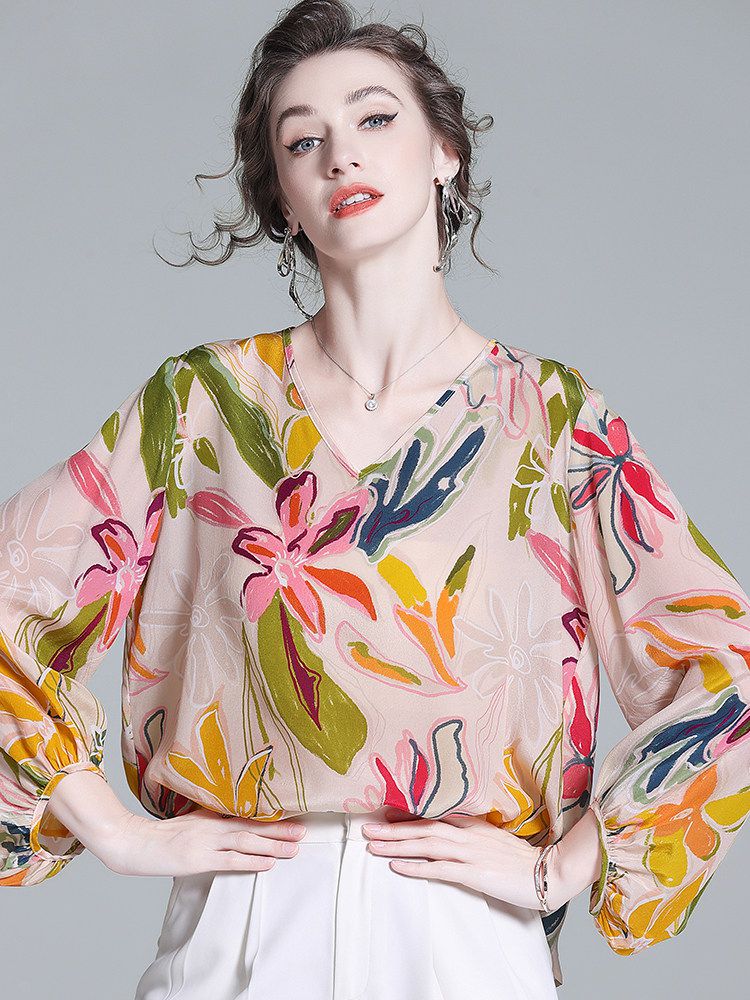 Women's Apricot Botanical Print Long Lantern Sleeve V-Neck Silk Blouse