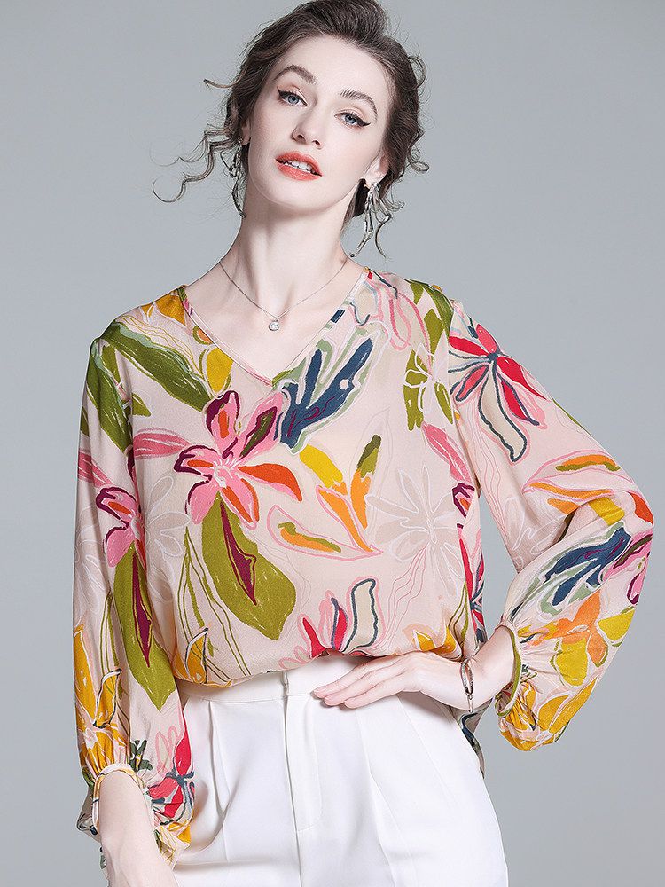 Women's Apricot Botanical Print Long Lantern Sleeve V-Neck Silk Blouse
