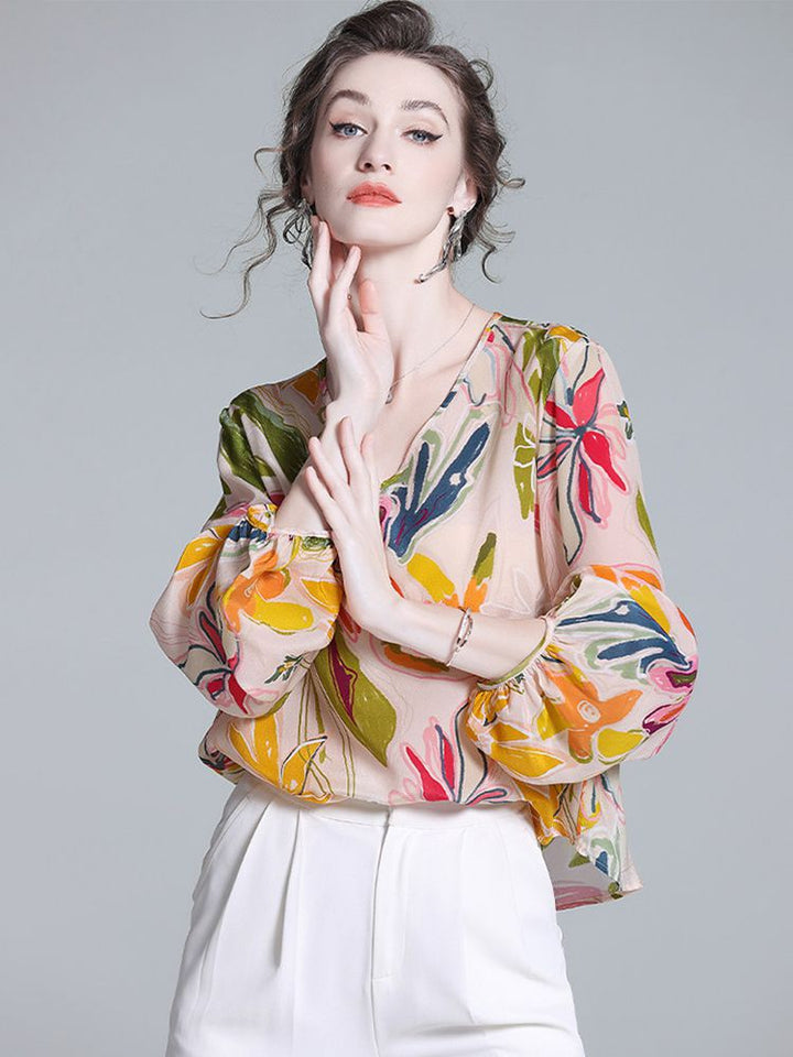 Women's Apricot Botanical Print Long Lantern Sleeve V-Neck Silk Blouse