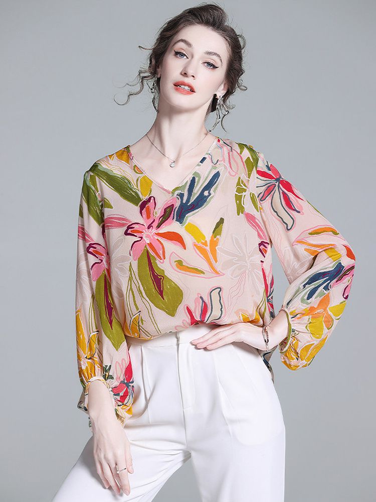 Women's Apricot Botanical Print Long Lantern Sleeve V-Neck Silk Blouse