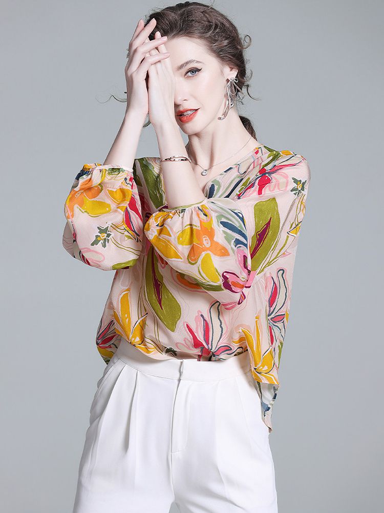 Women's Apricot Botanical Print Long Lantern Sleeve V-Neck Silk Blouse