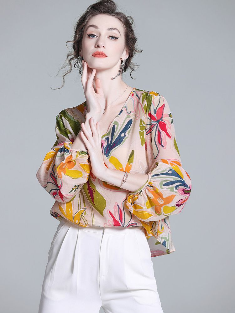 Women's Apricot Botanical Print Long Lantern Sleeve V-Neck Silk Blouse