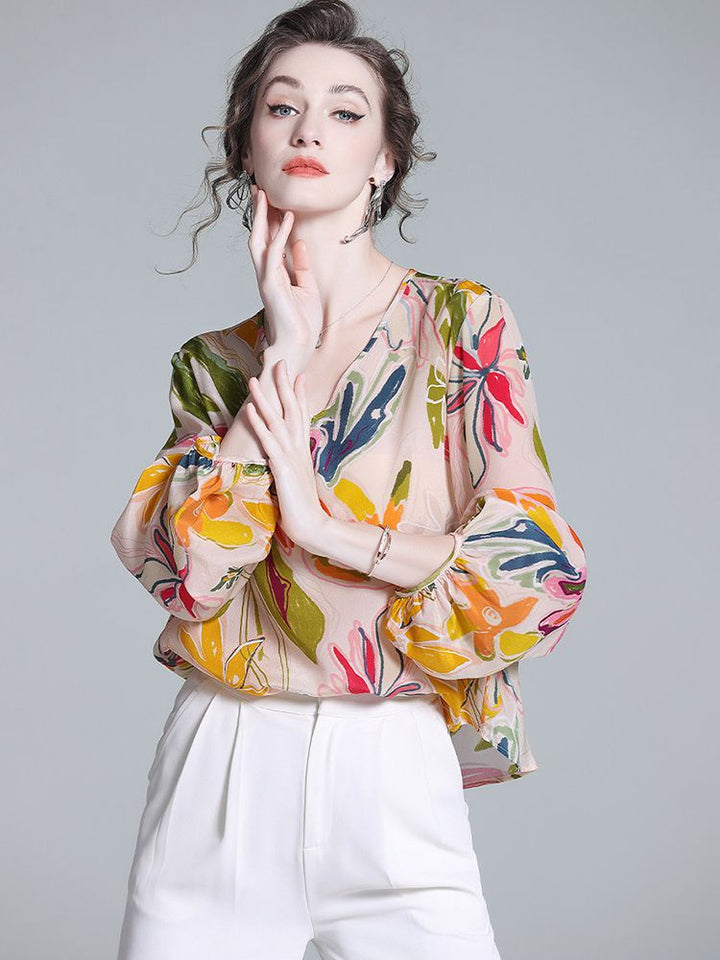 Women's Apricot Botanical Print Long Lantern Sleeve V-Neck Silk Blouse