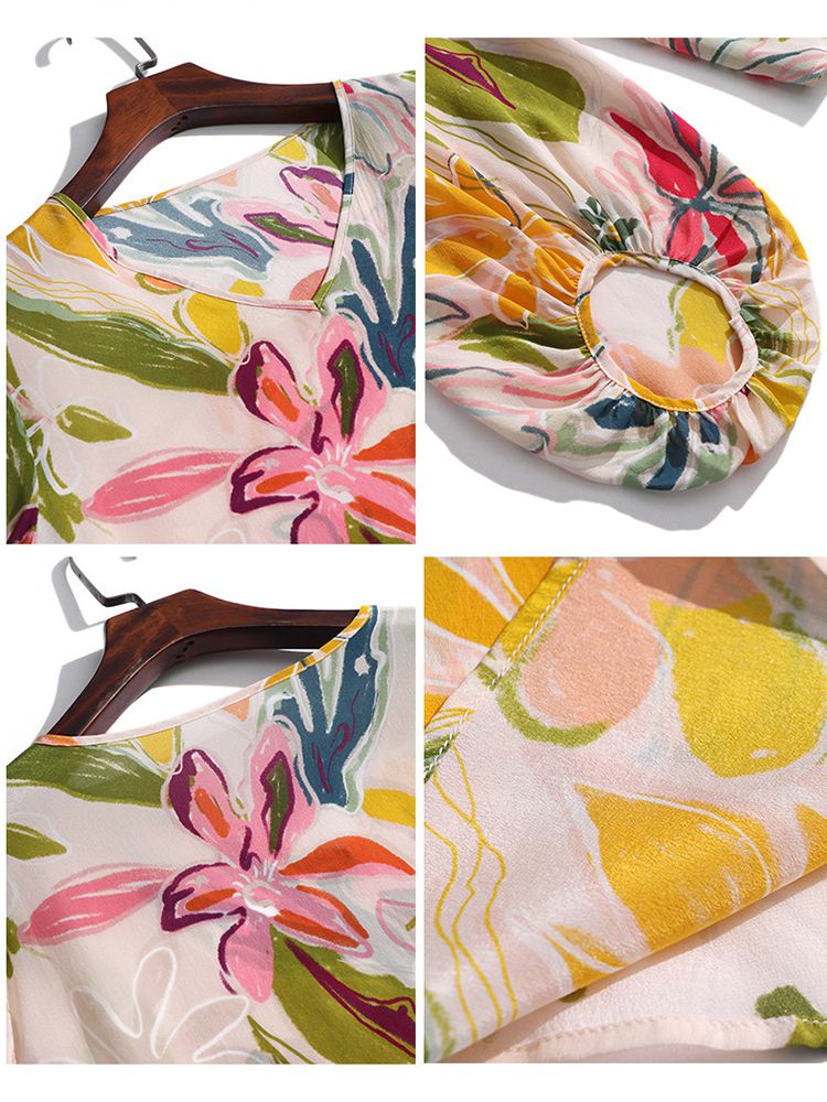 Women's Apricot Botanical Print Long Lantern Sleeve V-Neck Silk Blouse
