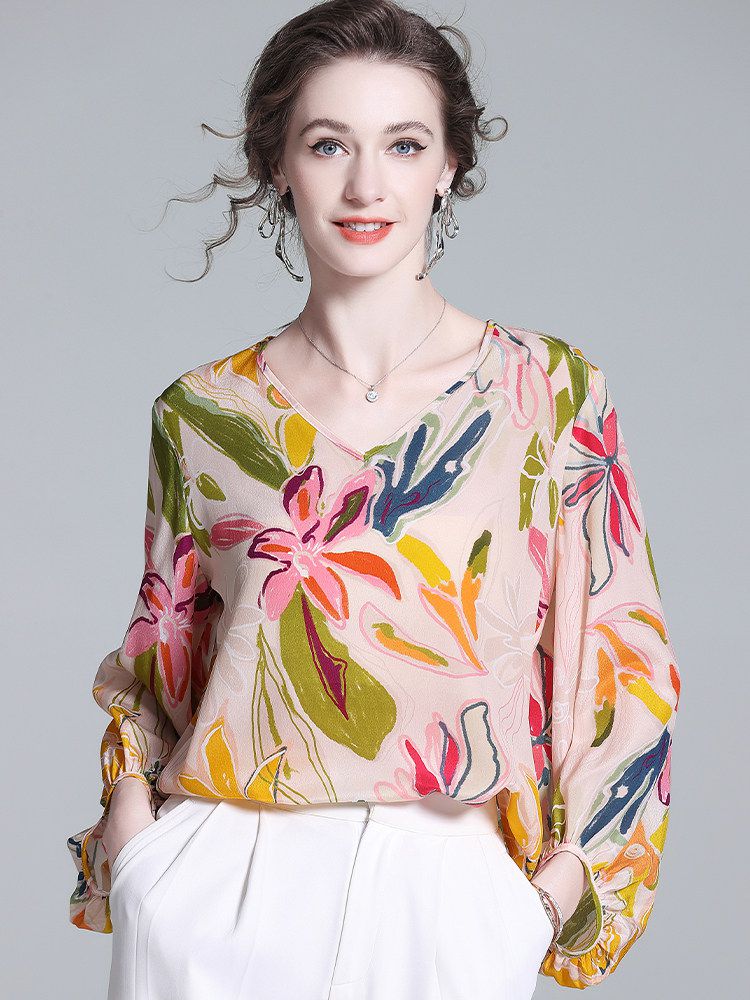 Women's Apricot Botanical Print Long Lantern Sleeve V-Neck Silk Blouse