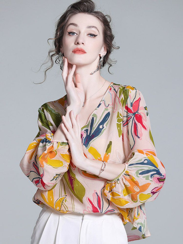 Women's Apricot Botanical Print Long Lantern Sleeve V-Neck Silk Blouse
