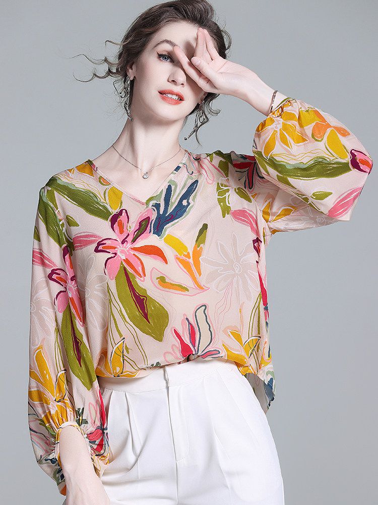 Women's Apricot Botanical Print Long Lantern Sleeve V-Neck Silk Blouse