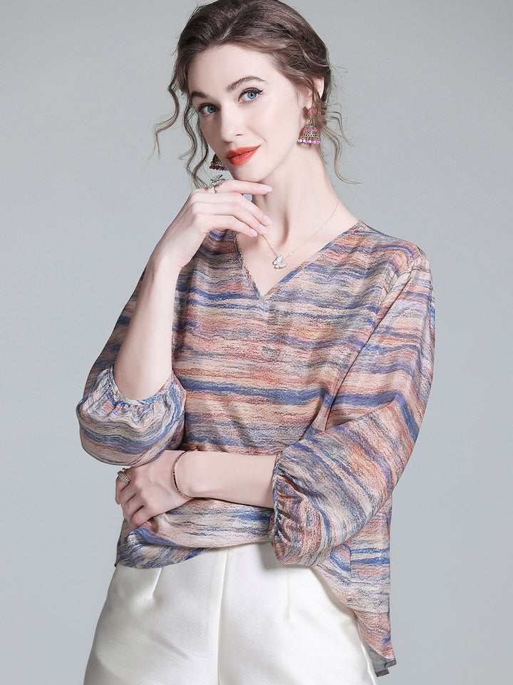 Tie-Dye Stripe Print V-Neck 3/4 Sleeve Relaxed Fit Silk Blouse