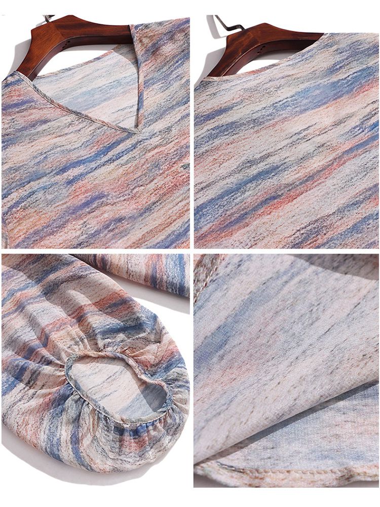 Tie-Dye Stripe Print V-Neck 3/4 Sleeve Relaxed Fit Silk Blouse