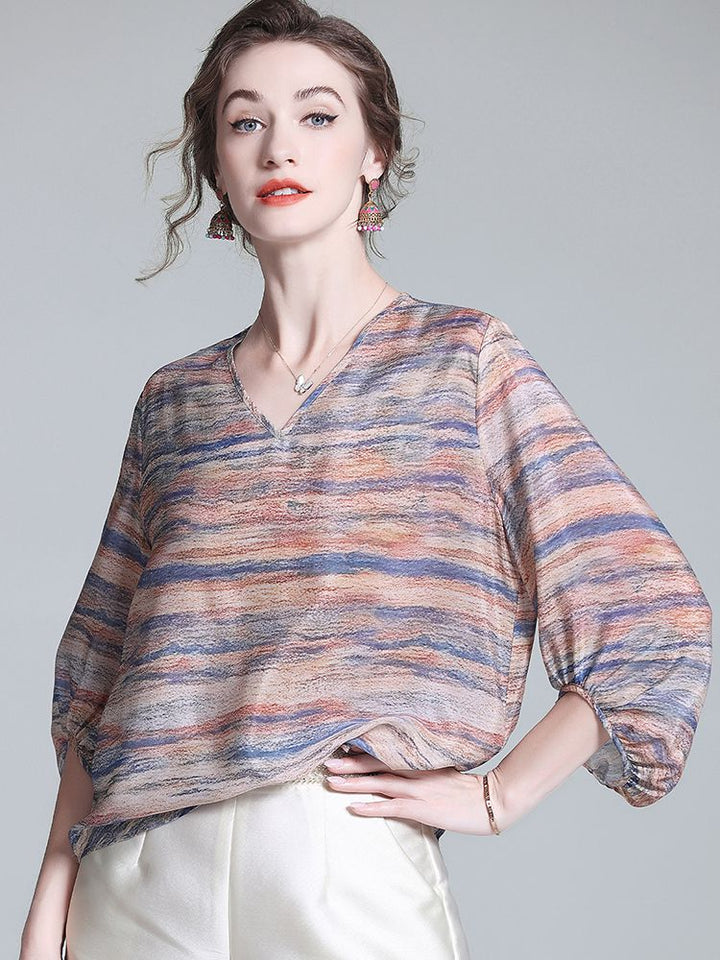 Tie-Dye Stripe Print V-Neck 3/4 Sleeve Relaxed Fit Silk Blouse