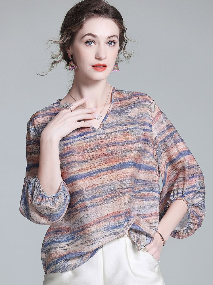Tie-Dye Stripe Print V-Neck 3/4 Sleeve Relaxed Fit Silk Blouse