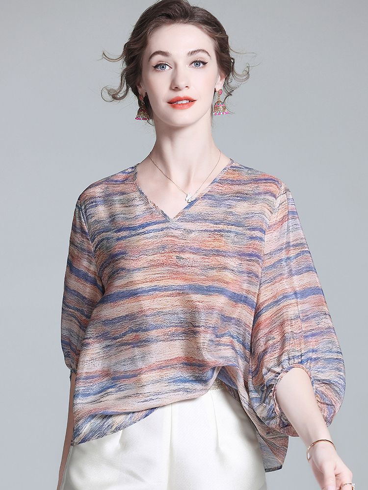 Tie-Dye Stripe Print V-Neck 3/4 Sleeve Relaxed Fit Silk Blouse