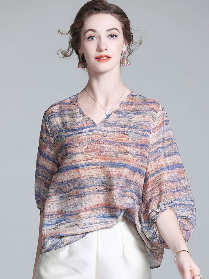 Tie-Dye Stripe Print V-Neck 3/4 Sleeve Relaxed Fit Silk Blouse