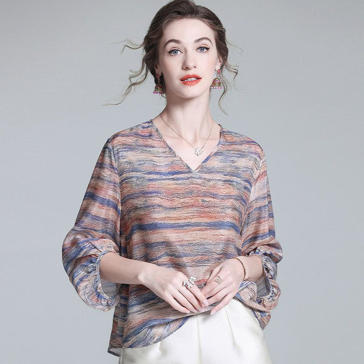 Tie-Dye Stripe Print V-Neck 3/4 Sleeve Relaxed Fit Silk Blouse