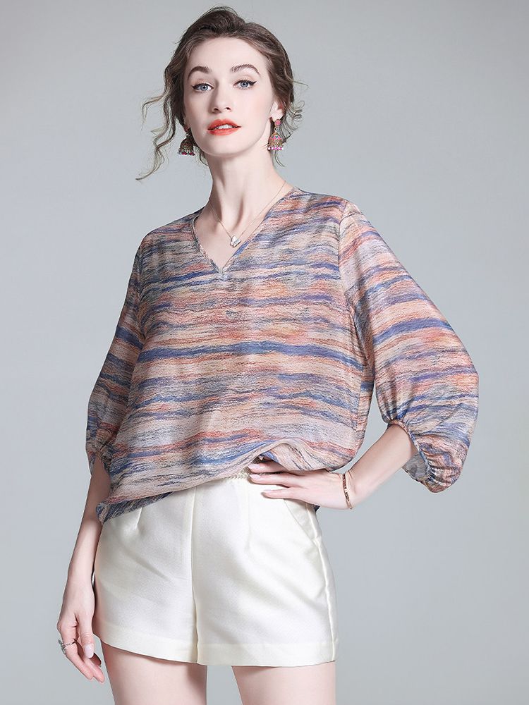 Tie-Dye Stripe Print V-Neck 3/4 Sleeve Relaxed Fit Silk Blouse