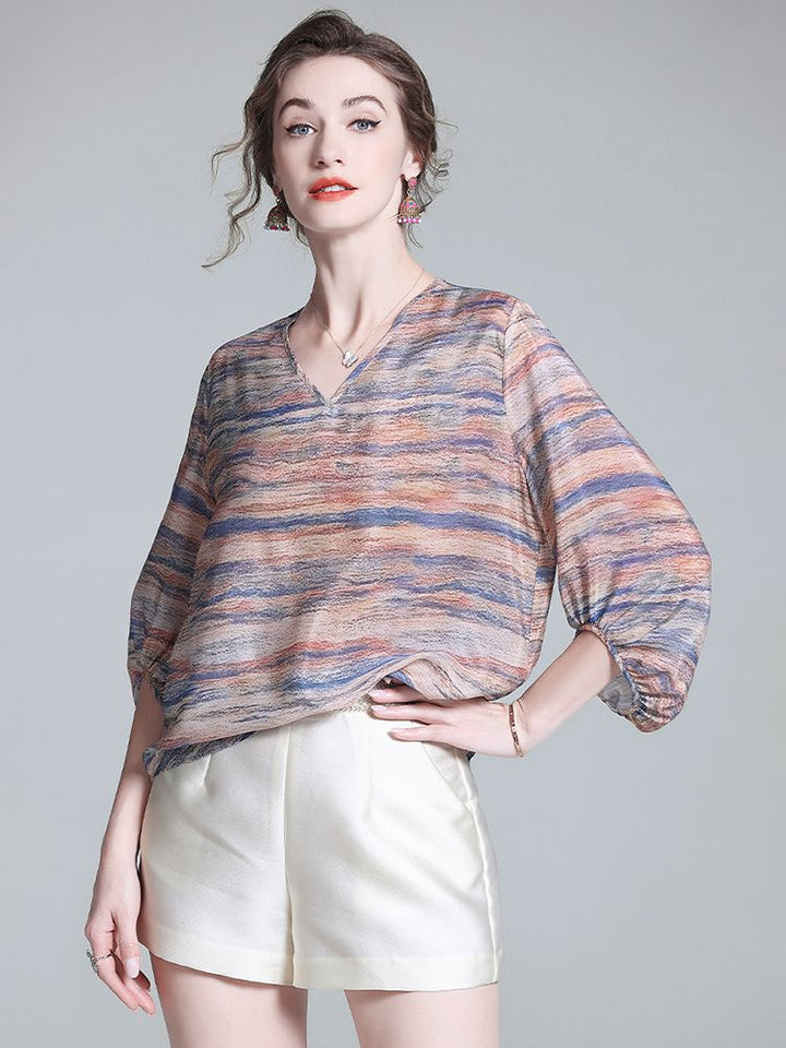 Tie-Dye Stripe Print V-Neck 3/4 Sleeve Relaxed Fit Silk Blouse
