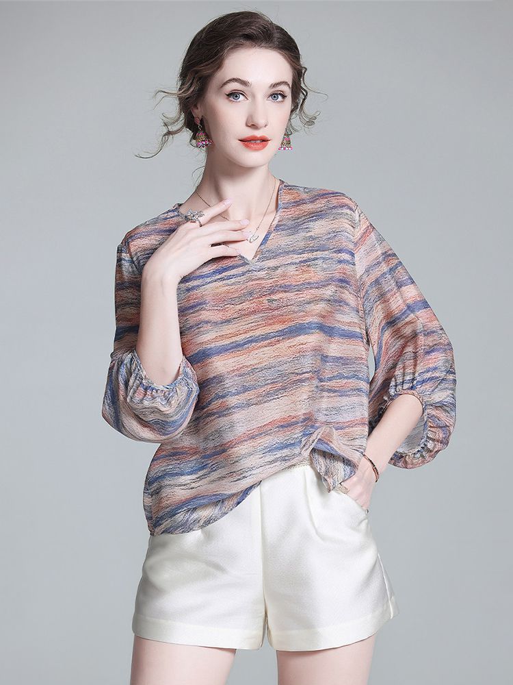 Tie-Dye Stripe Print V-Neck 3/4 Sleeve Relaxed Fit Silk Blouse