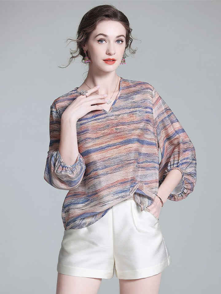 Tie-Dye Stripe Print V-Neck 3/4 Sleeve Relaxed Fit Silk Blouse