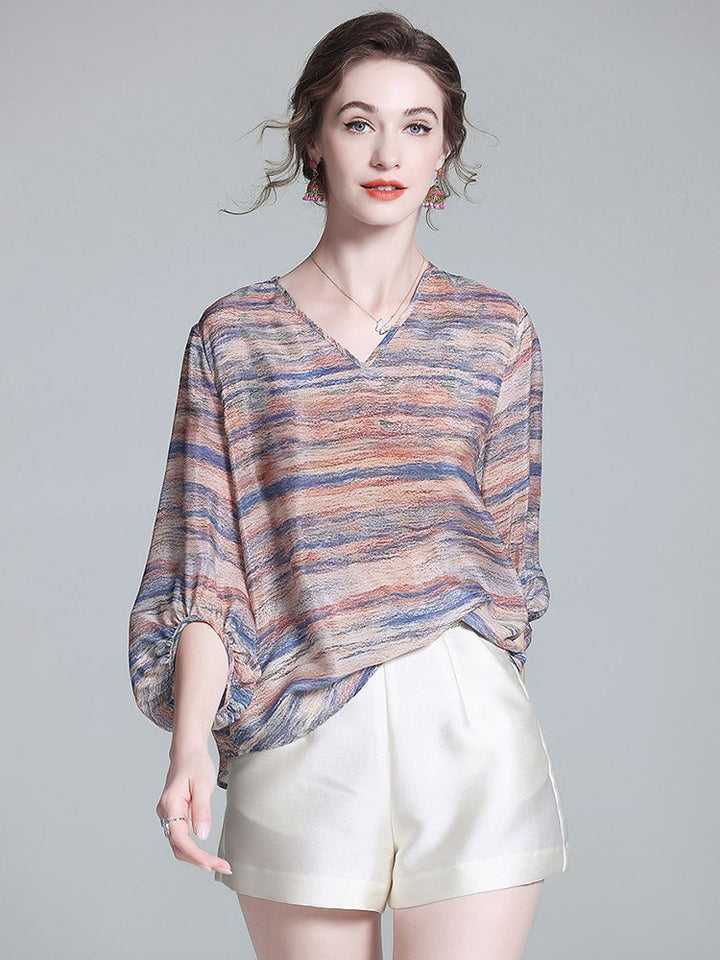 Tie-Dye Stripe Print V-Neck 3/4 Sleeve Relaxed Fit Silk Blouse
