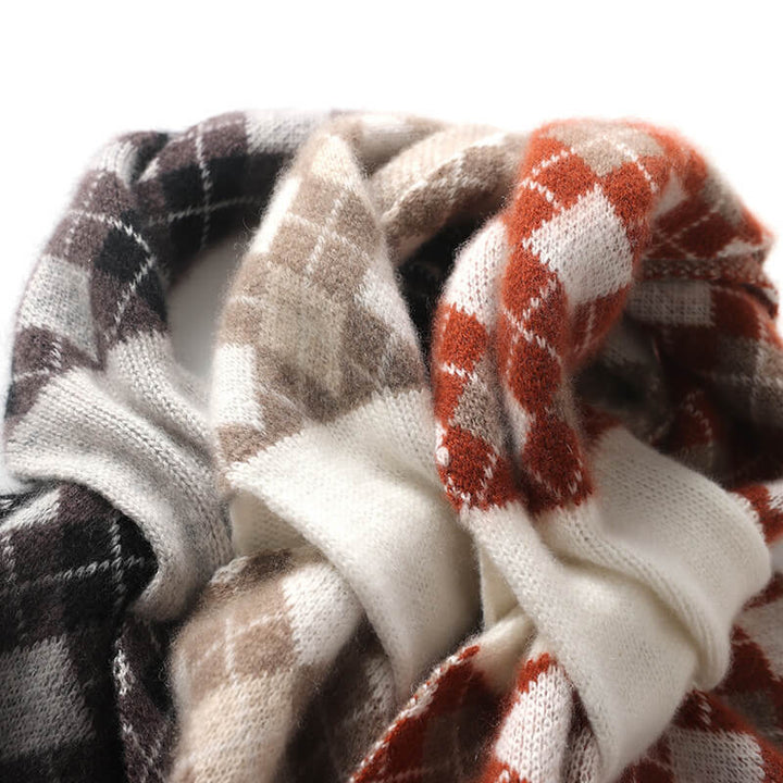 Women's Argyle Pattern Easy-Tie 100% Cashmere Cross Scarf