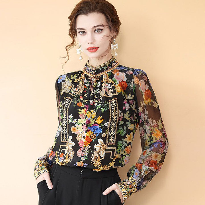 Women's Baroque Floral Stand Collar Long Sleeve Black Silk Blouse